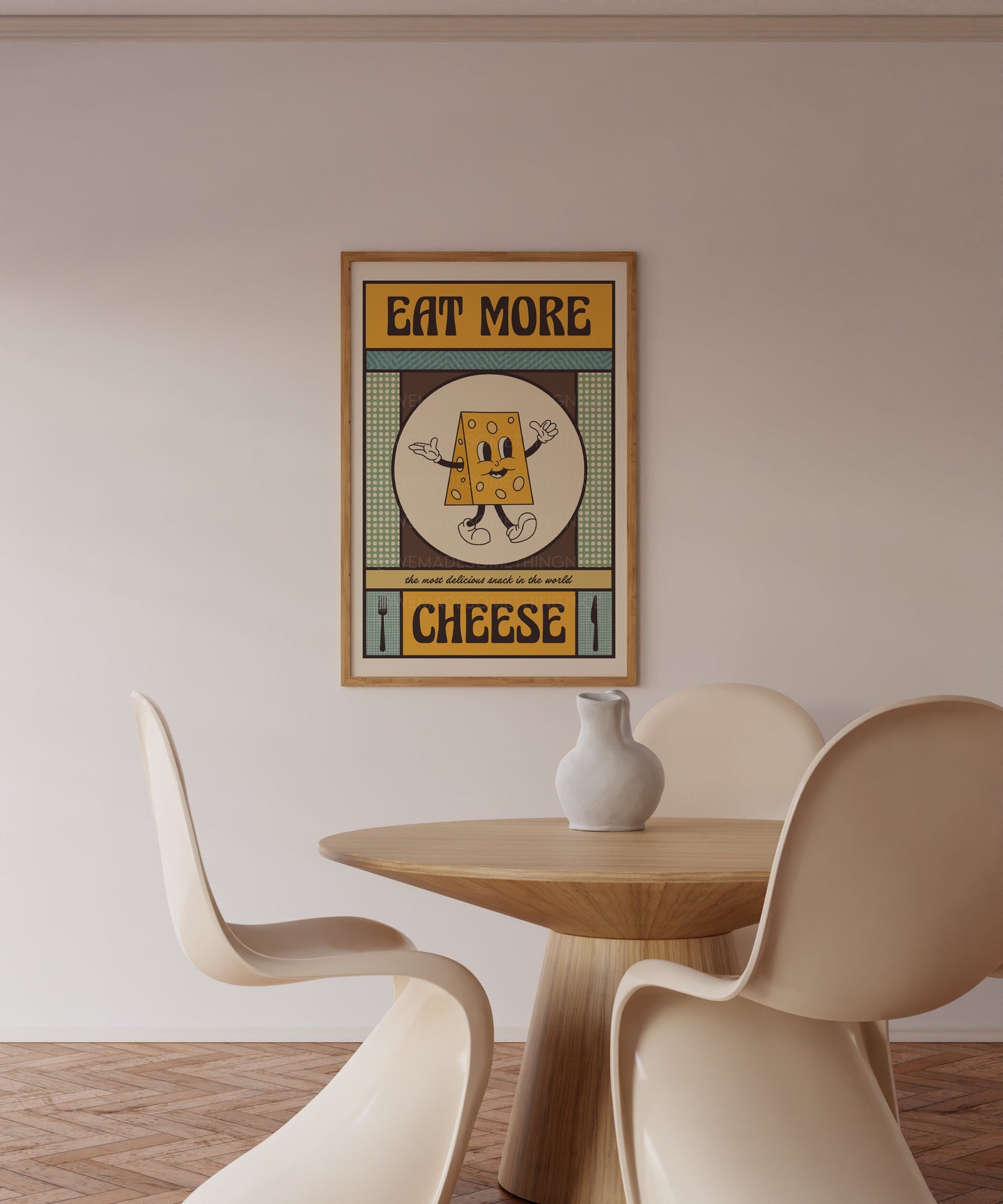 Retro Eat More Cheese Poster, Food Print, Modern Kitchen Decor, Retro Poster, Pop Art, Kitchen Art, Exhibition Poster, Retro Character Print