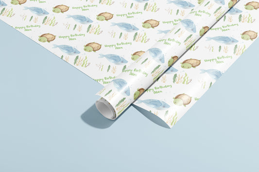Personalised Wrapping Paper, Birthday, Names, Gift Wrap, Whales, Sea, Blue, Customised, Turtle, Party, Baby, Children, Gifts, Presents, Ages