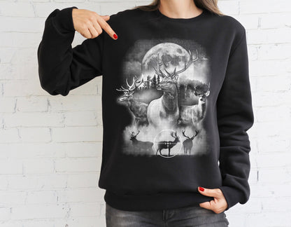 Deer Outdoor Scene Sweatshirt| Hunting Sweater | Hunter Pullover | Antler Dad Gifts | Elk Deer Target Crewneck | Camping View Twilight Tee