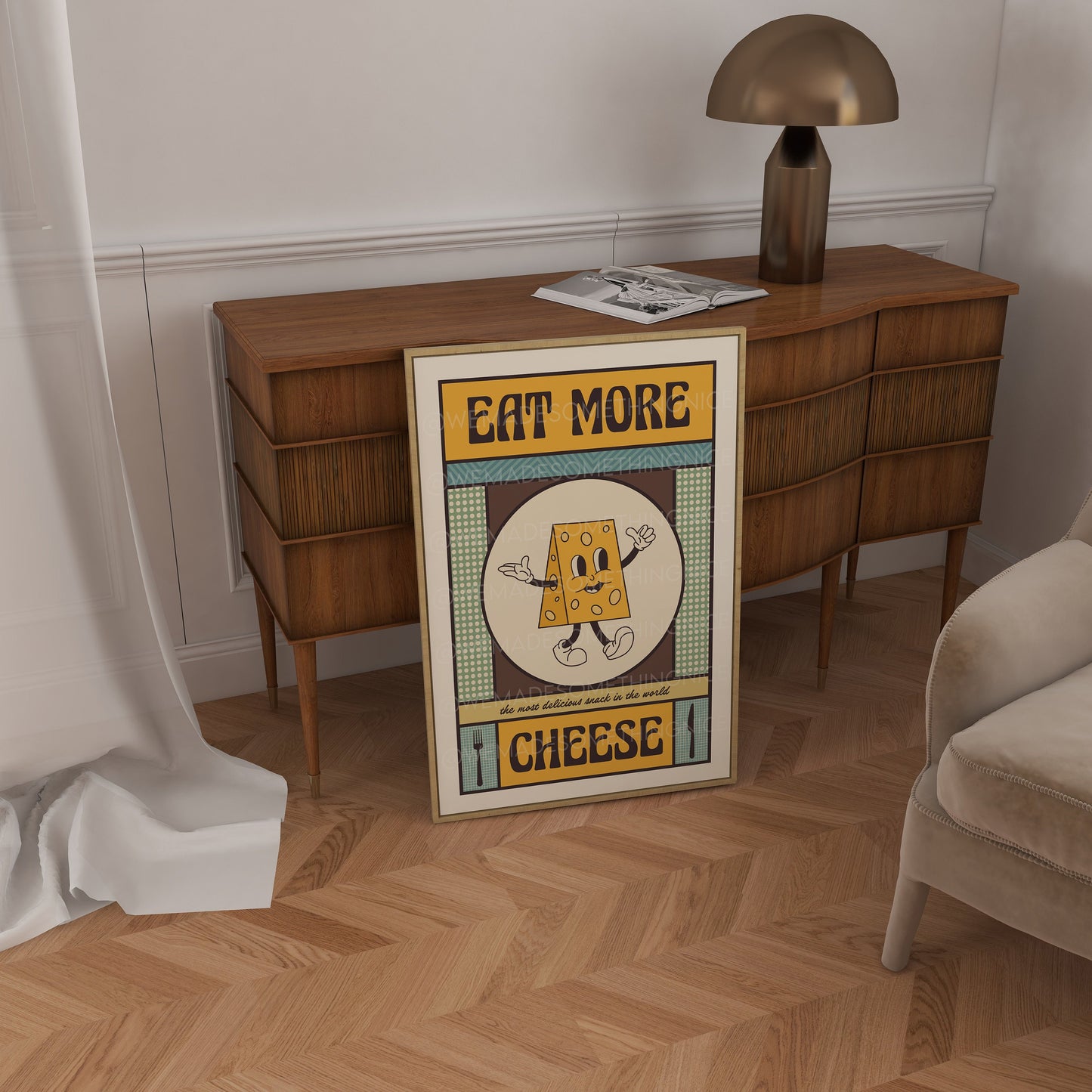 Retro Eat More Cheese Poster, Food Print, Modern Kitchen Decor, Retro Poster, Pop Art, Kitchen Art, Exhibition Poster, Retro Character Print