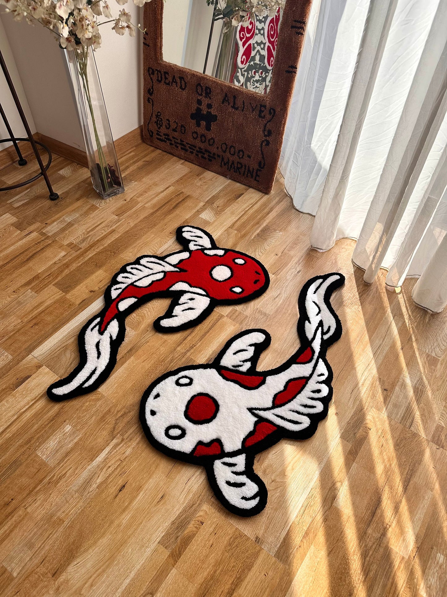 Any color and size variations 2 Kohaku fishes handmade tufted Rug