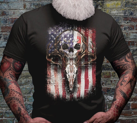 USA Deer Hunting Shirt | Hunter Tshirt | Antler Dad Gift Idea | Longhorn Deer Skull Shirts | US Western Boho Tee Gifts | Buffalo Head Tshirt