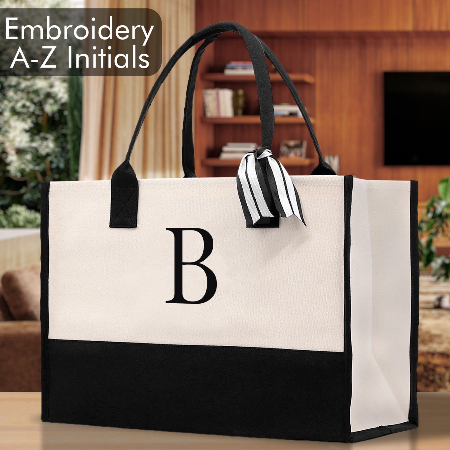 Personalized Monogram Embroidery Cotton Canvas Beach Tote Bag Initial Tote Bridesmaid Gift Tote Custom Beach Bag Gift for Her A-Z - Black