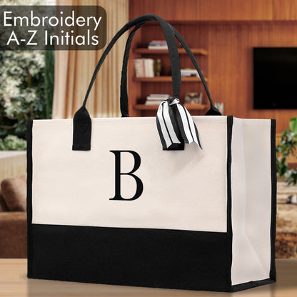 Personalized Monogram Embroidery Cotton Canvas Beach Tote Bag Initial Tote Bridesmaid Gift Tote Custom Beach Bag Gift for Her A-Z - Black