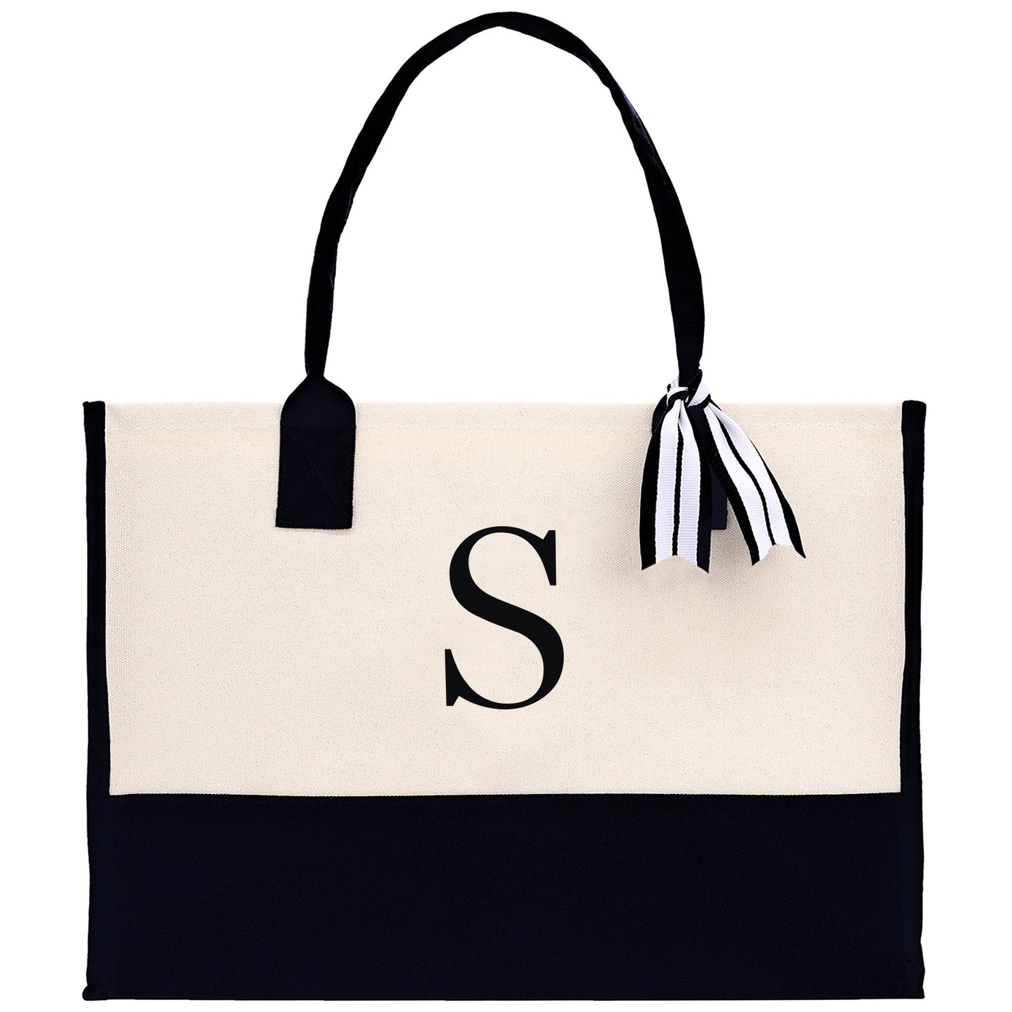 Personalized Monogram Embroidery Cotton Canvas Beach Tote Bag Initial Tote Bridesmaid Gift Tote Custom Beach Bag Gift for Her A-Z - Black