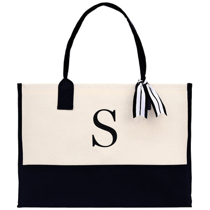 Personalized Monogram Embroidery Cotton Canvas Beach Tote Bag Initial Tote Bridesmaid Gift Tote Custom Beach Bag Gift for Her A-Z - Black