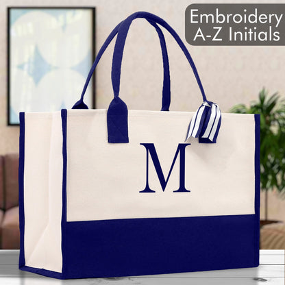 Personalized Monogram Embroidery Cotton Canvas Beach Tote Bag Initial Tote Bridesmaid Gift Tote Custom Beach Bag Gift for Her A-Z - Navy