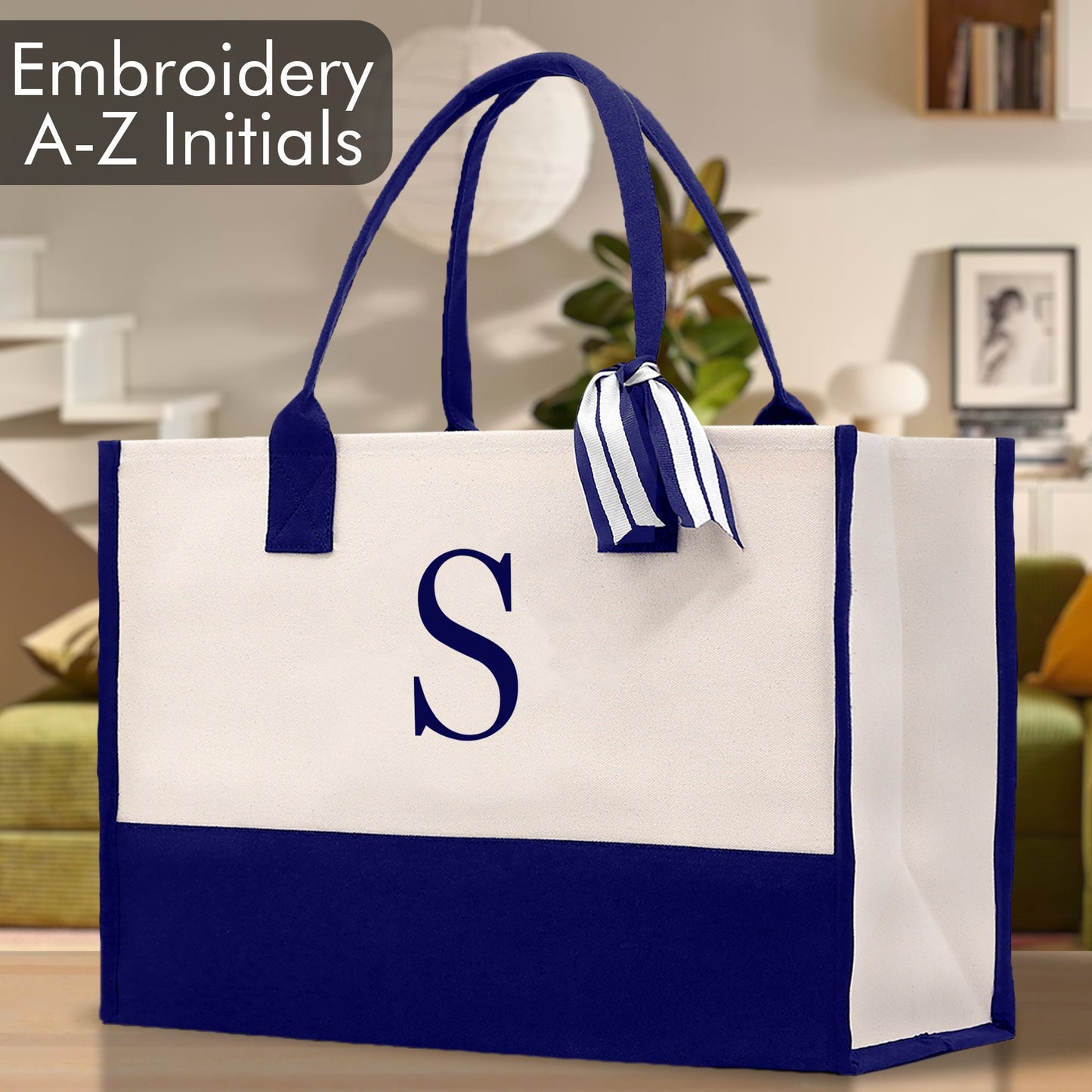Personalized Monogram Embroidery Cotton Canvas Beach Tote Bag Initial Tote Bridesmaid Gift Tote Custom Beach Bag Gift for Her A-Z - Navy