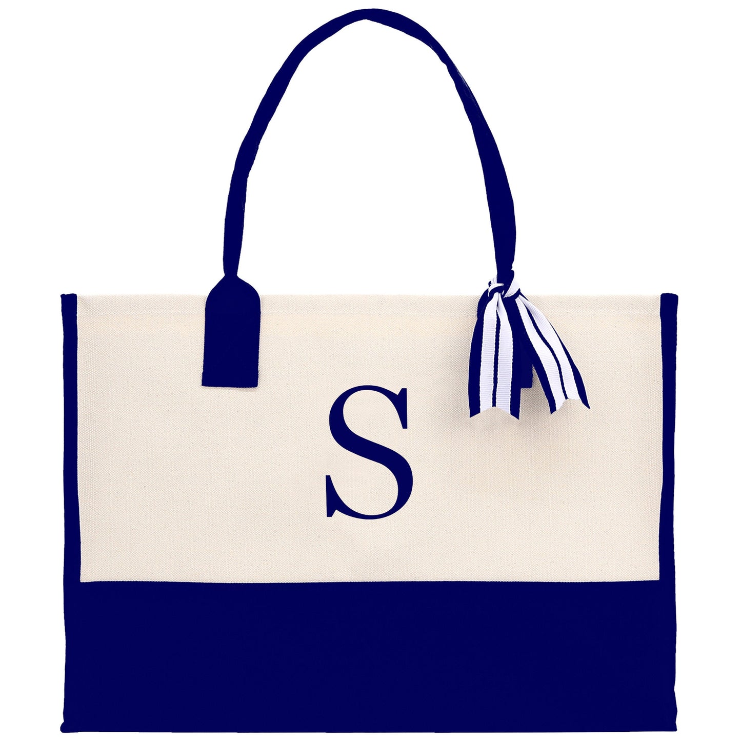 Personalized Monogram Embroidery Cotton Canvas Beach Tote Bag Initial Tote Bridesmaid Gift Tote Custom Beach Bag Gift for Her A-Z - Navy