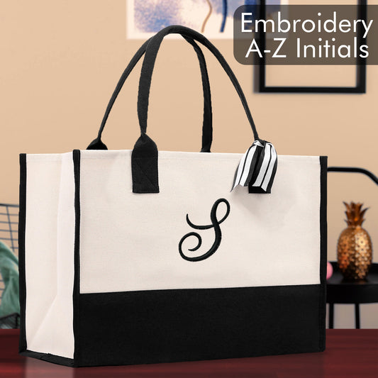 Personalized Monogram Embroidery Cotton Canvas Beach Tote Bag Initial Tote Bridesmaid Gift Tote Custom Beach Bag Gift for Her A-Z - Black