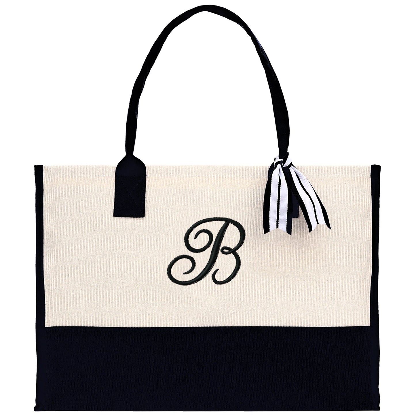 Personalized Monogram Embroidery Cotton Canvas Beach Tote Bag Initial Tote Bridesmaid Gift Tote Custom Beach Bag Gift for Her A-Z - Black