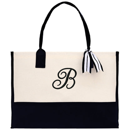 Personalized Monogram Embroidery Cotton Canvas Beach Tote Bag Initial Tote Bridesmaid Gift Tote Custom Beach Bag Gift for Her A-Z - Black