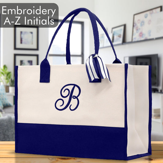 Personalized Monogram Embroidery Cotton Canvas Beach Tote Bag Initial Tote Bridesmaid Gift Tote Custom Beach Bag Gift for Her A-Z - Navy