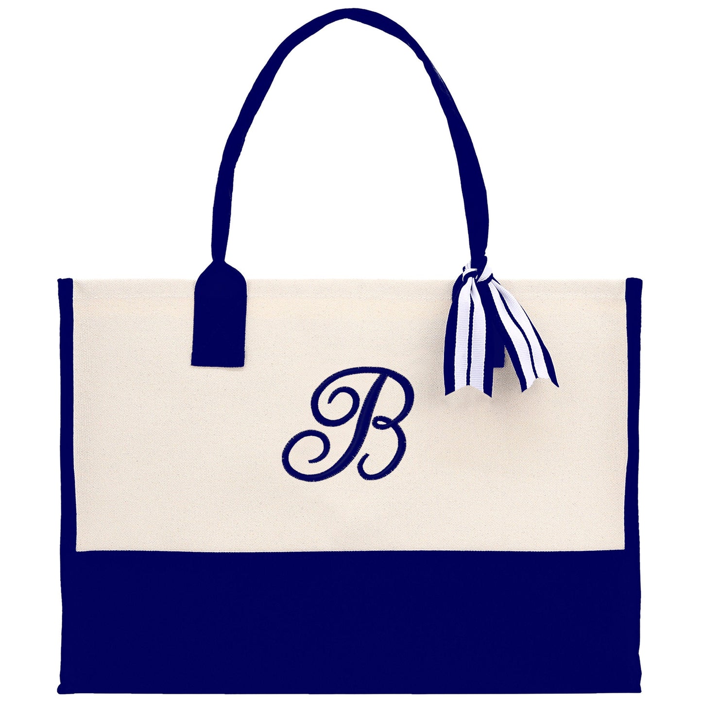Personalized Monogram Embroidery Cotton Canvas Beach Tote Bag Initial Tote Bridesmaid Gift Tote Custom Beach Bag Gift for Her A-Z - Navy