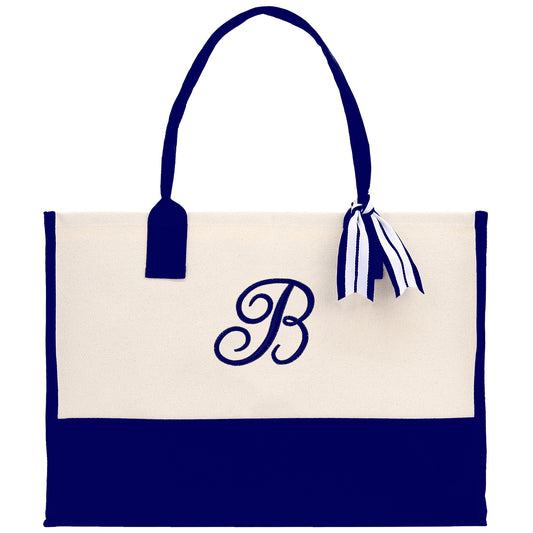 Personalized Monogram Embroidery Cotton Canvas Beach Tote Bag Initial Tote Bridesmaid Gift Tote Custom Beach Bag Gift for Her A-Z - Navy