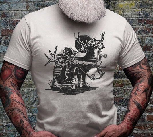 Deer Bow Hunting Shirt | Bow Hunter T-shirt | Outdoor Antler Short Sleeve | Camping Scene Cotton Jersey | Wild Life Tee | Wilderness Gifts