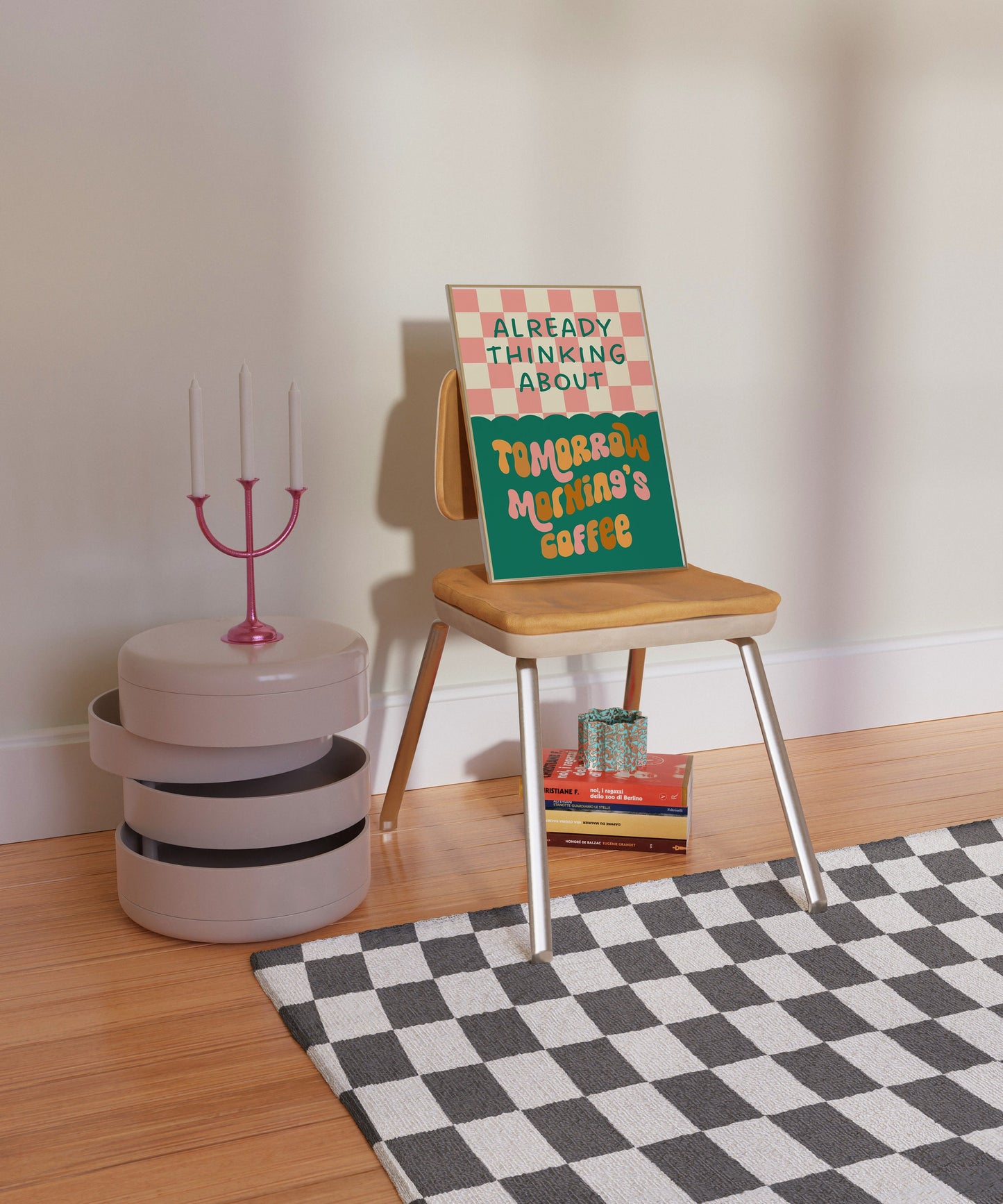 Already Thinking About Tomorrow Morning's Coffee Print - Retro Colourful Kitchen Quote Typography, Funky Bold Modern Trendy Coffee Wall Art