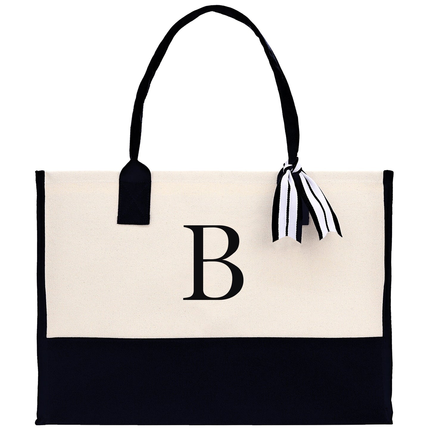 Personalized Monogram Embroidery Cotton Canvas Beach Tote Bag Initial Tote Bridesmaid Gift Tote Custom Beach Bag Gift for Her A-Z - Black