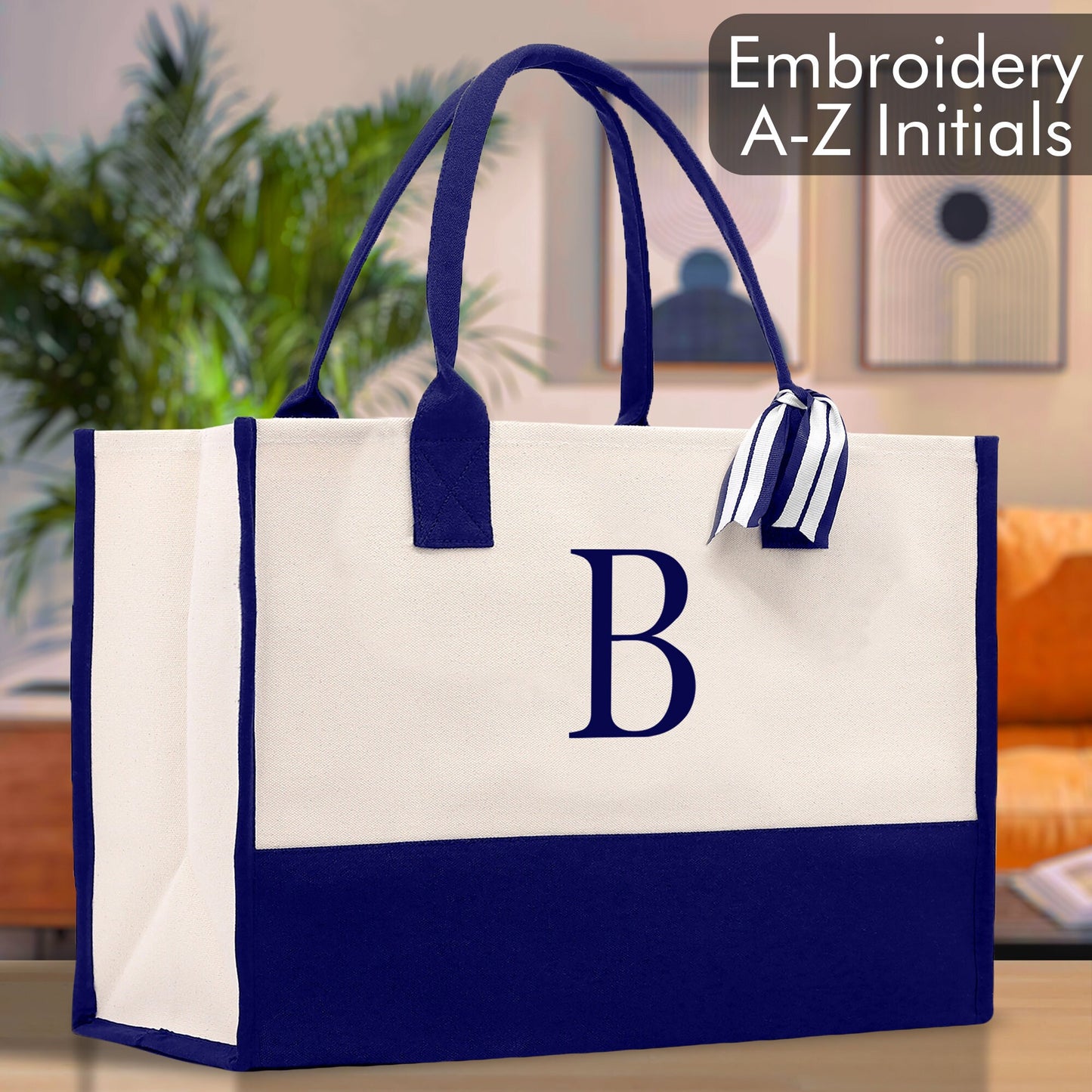 Personalized Monogram Embroidery Cotton Canvas Beach Tote Bag Initial Tote Bridesmaid Gift Tote Custom Beach Bag Gift for Her A-Z - Navy