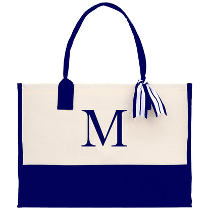 Personalized Monogram Embroidery Cotton Canvas Beach Tote Bag Initial Tote Bridesmaid Gift Tote Custom Beach Bag Gift for Her A-Z - Navy