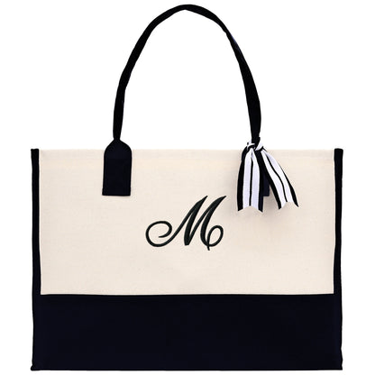 Personalized Monogram Embroidery Cotton Canvas Beach Tote Bag Initial Tote Bridesmaid Gift Tote Custom Beach Bag Gift for Her A-Z - Black