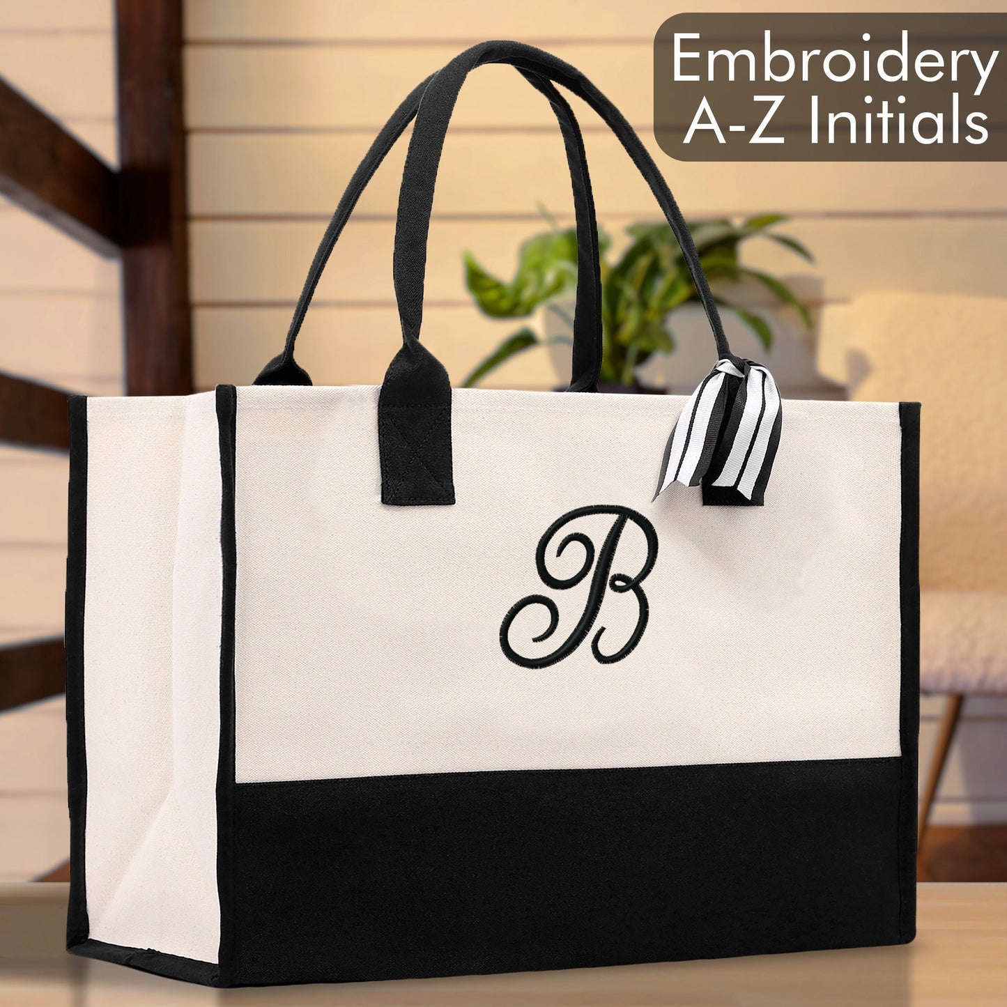 Personalized Monogram Embroidery Cotton Canvas Beach Tote Bag Initial Tote Bridesmaid Gift Tote Custom Beach Bag Gift for Her A-Z - Black
