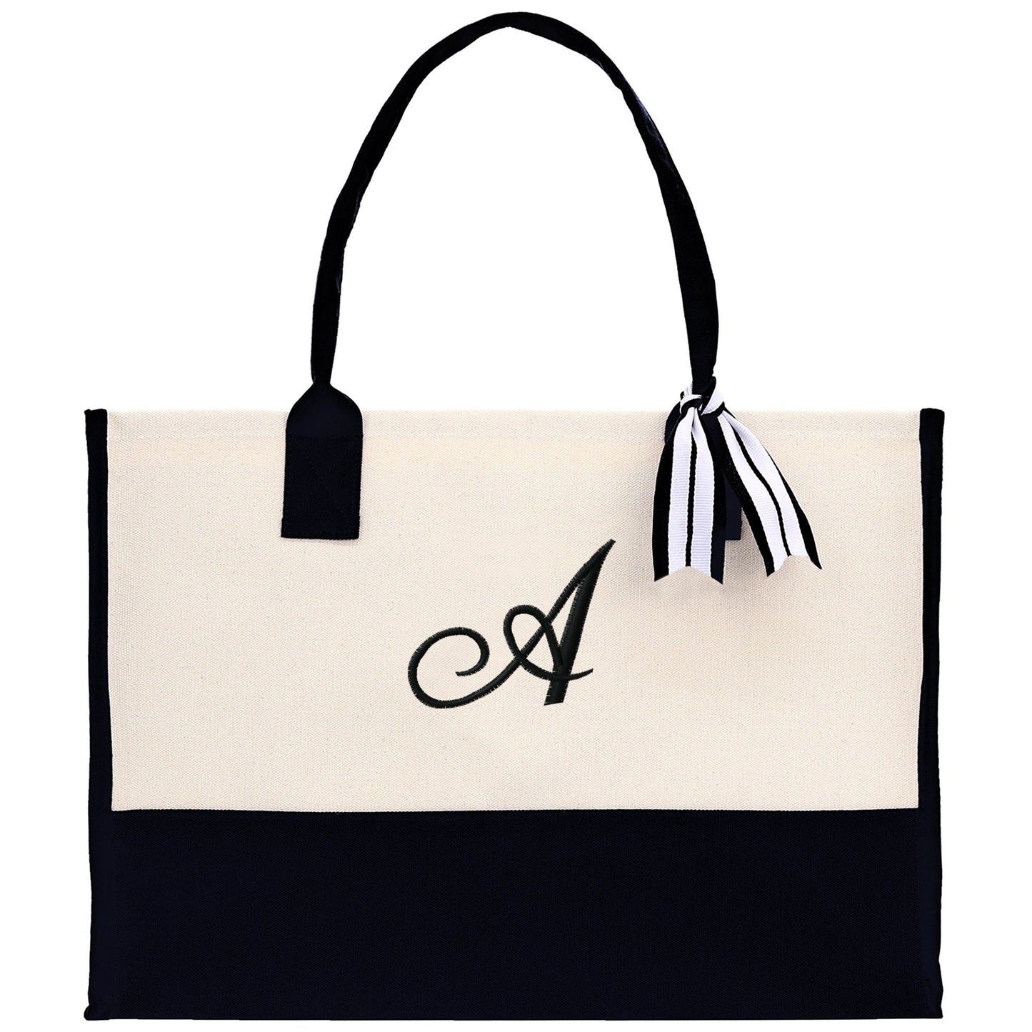Personalized Monogram Embroidery Cotton Canvas Beach Tote Bag Initial Tote Bridesmaid Gift Tote Custom Beach Bag Gift for Her A-Z - Black