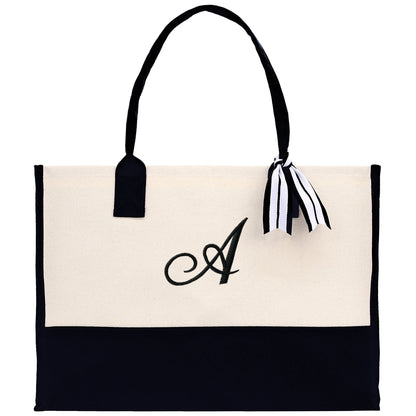 Personalized Monogram Embroidery Cotton Canvas Beach Tote Bag Initial Tote Bridesmaid Gift Tote Custom Beach Bag Gift for Her A-Z - Black