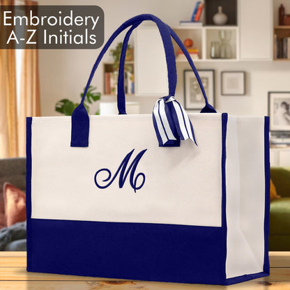Personalized Monogram Embroidery Cotton Canvas Beach Tote Bag Initial Tote Bridesmaid Gift Tote Custom Beach Bag Gift for Her A-Z - Navy