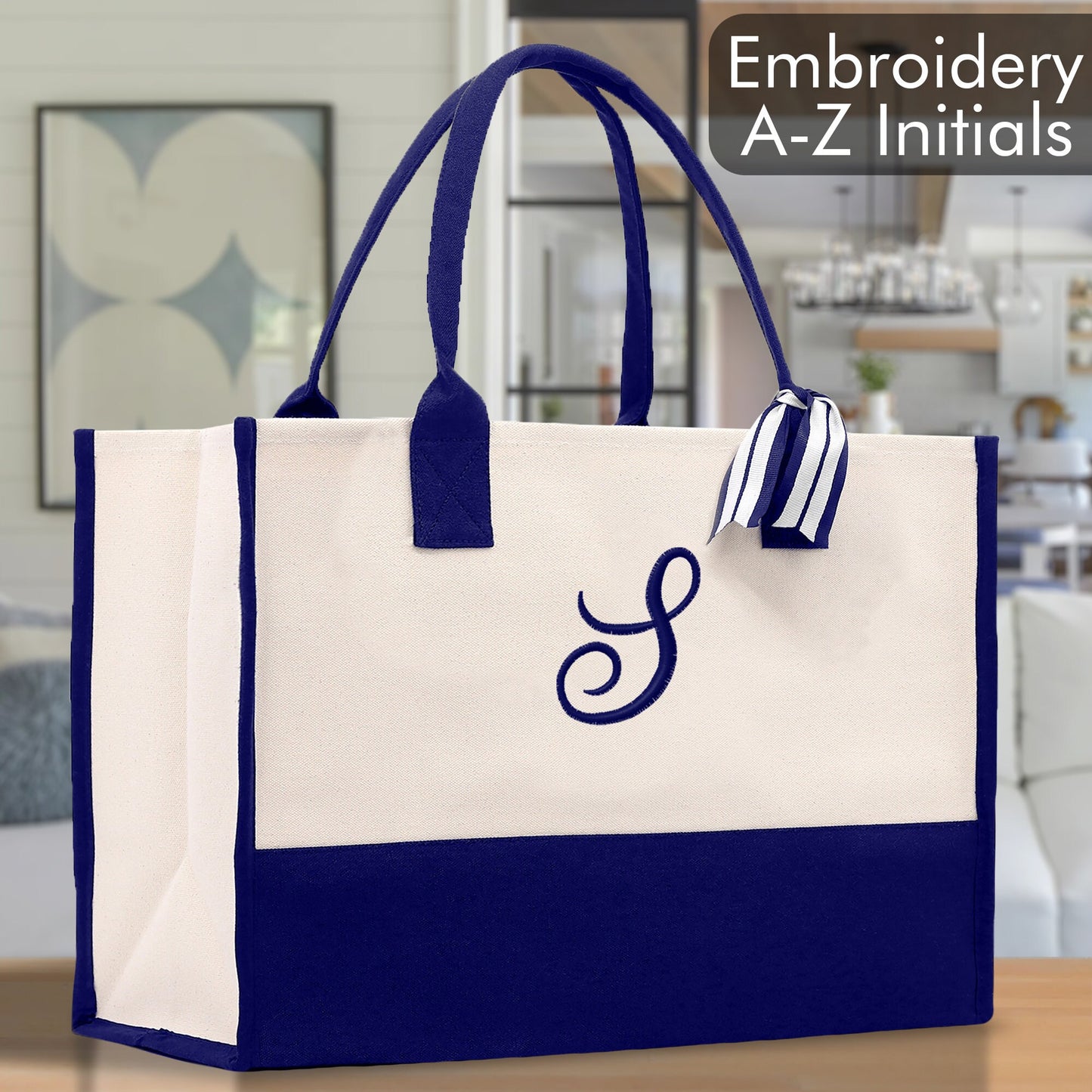 Personalized Monogram Embroidery Cotton Canvas Beach Tote Bag Initial Tote Bridesmaid Gift Tote Custom Beach Bag Gift for Her A-Z - Navy