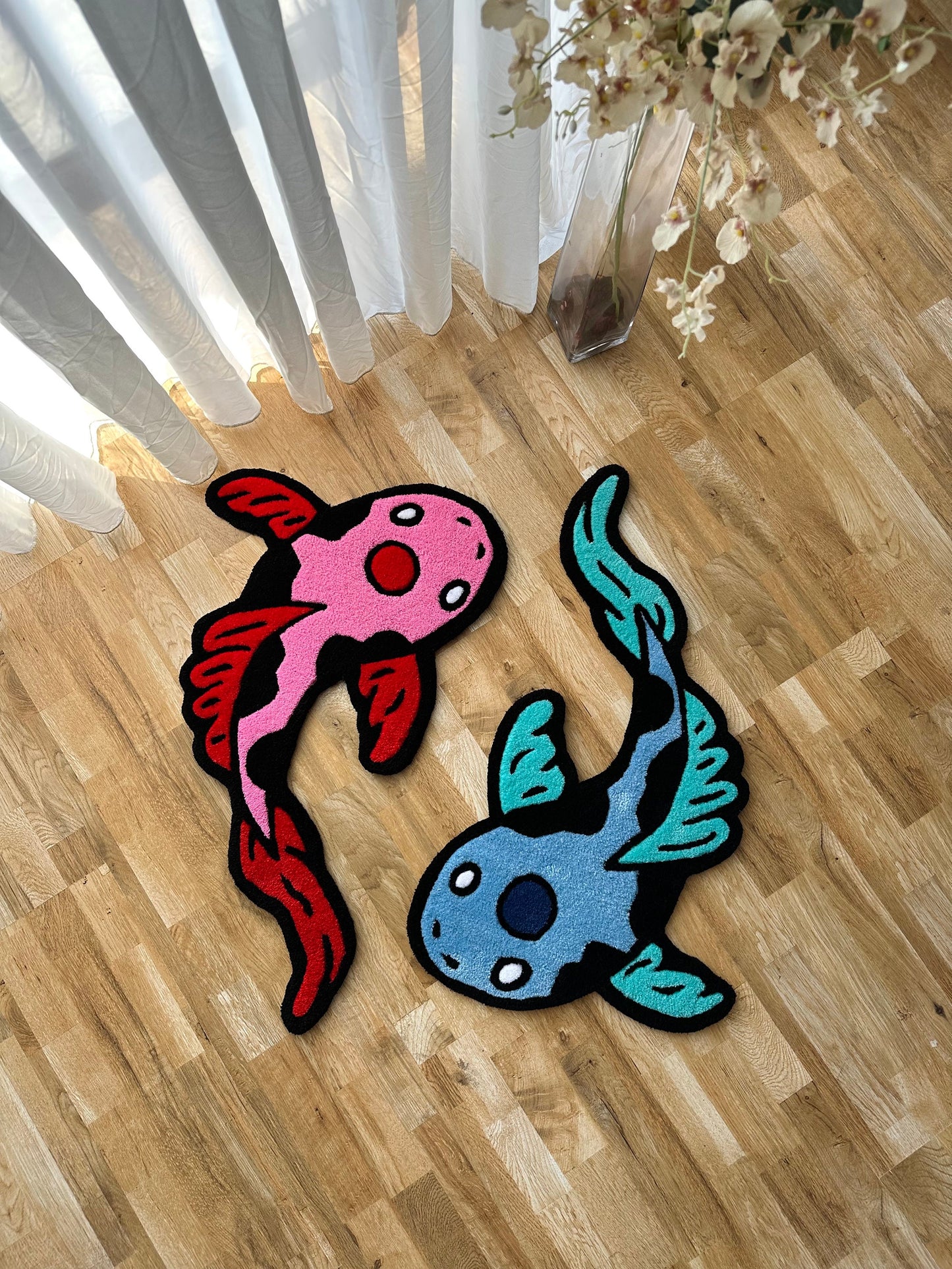 Any color and size variations 2 Kohaku fishes handmade tufted Rug