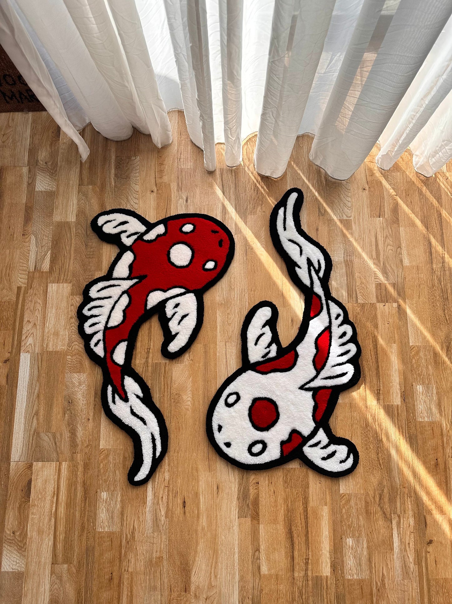 Any color and size variations 2 Kohaku fishes handmade tufted Rug