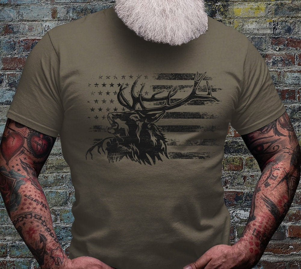US Elk Deer Shirt | Deer Hunting T-shirt | Wild Hunter Short Sleeve | Wilderness Cotton Jersey | USA Outdoor Lover Gift Ideaa | Camping Tee