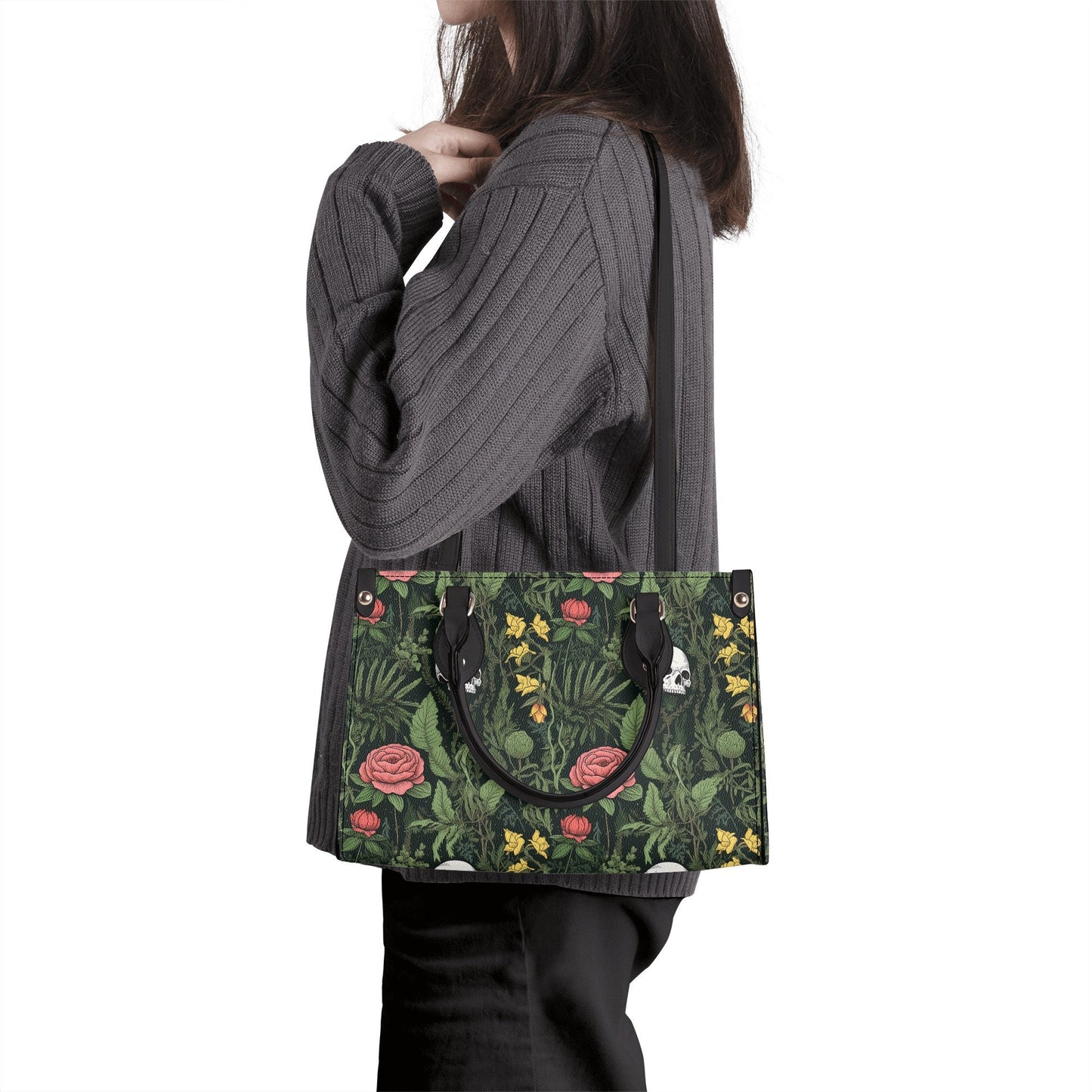 Dark Botanical Gothic PU Leather Tote Bag, Wild Roses Handbag, Trendy Fashion Handbag for Girls, Moms Gift, Vegan Leather Handbag For Women,