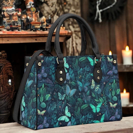 Butterflies Gothic PU Leather Tote Bag, Trendy Fashion Handbag for Girls & Moms, Vegan Leather Handbag Gift For Women, Roomy Handbag Gift
