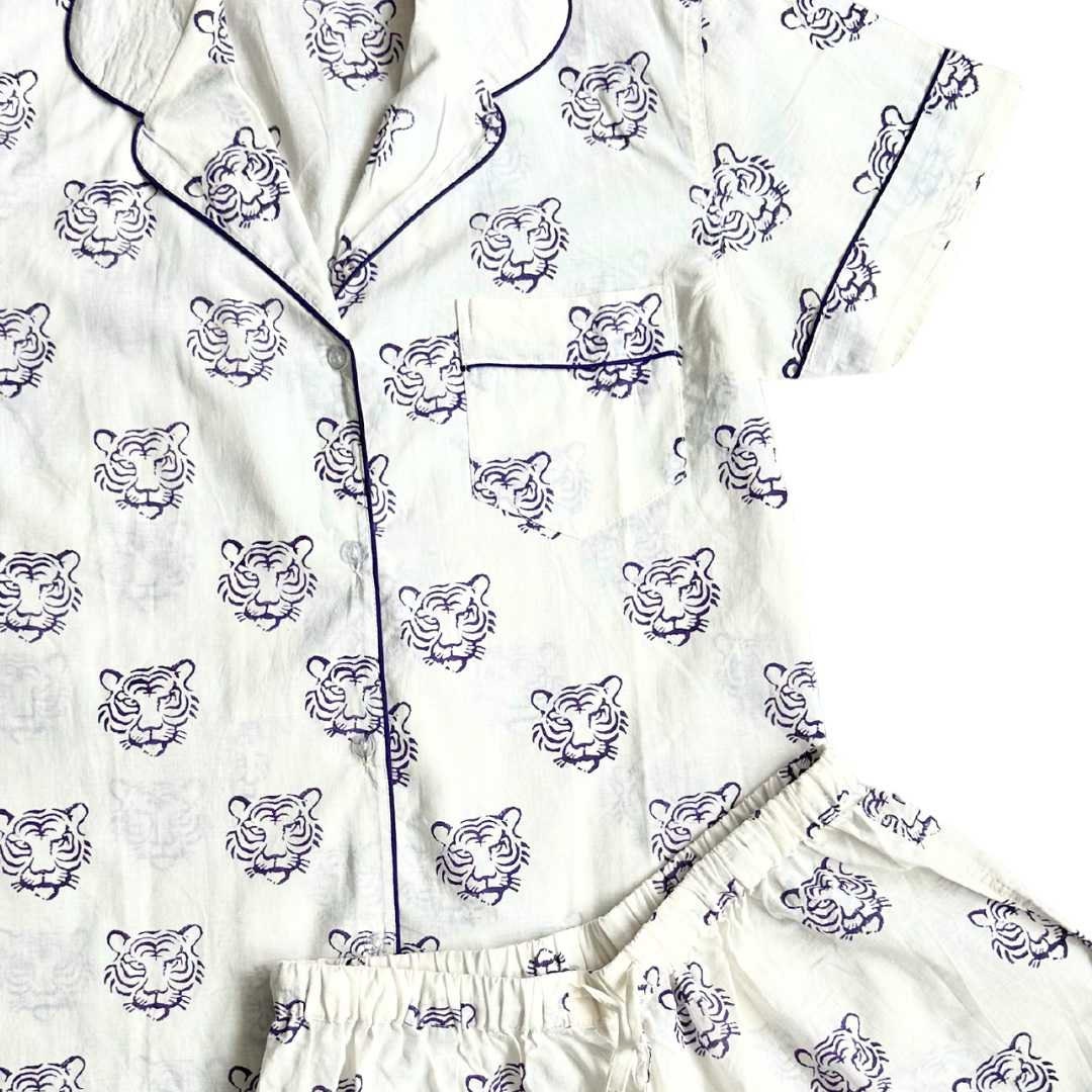 Short Pajama Sets - Purple Tiger Face