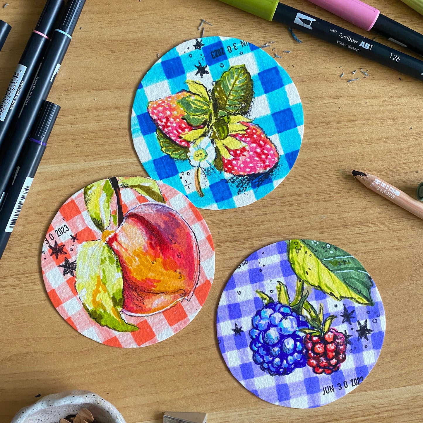 Summer Berries Original Mixed Media Drawing | Round Marker Drawing on Paper