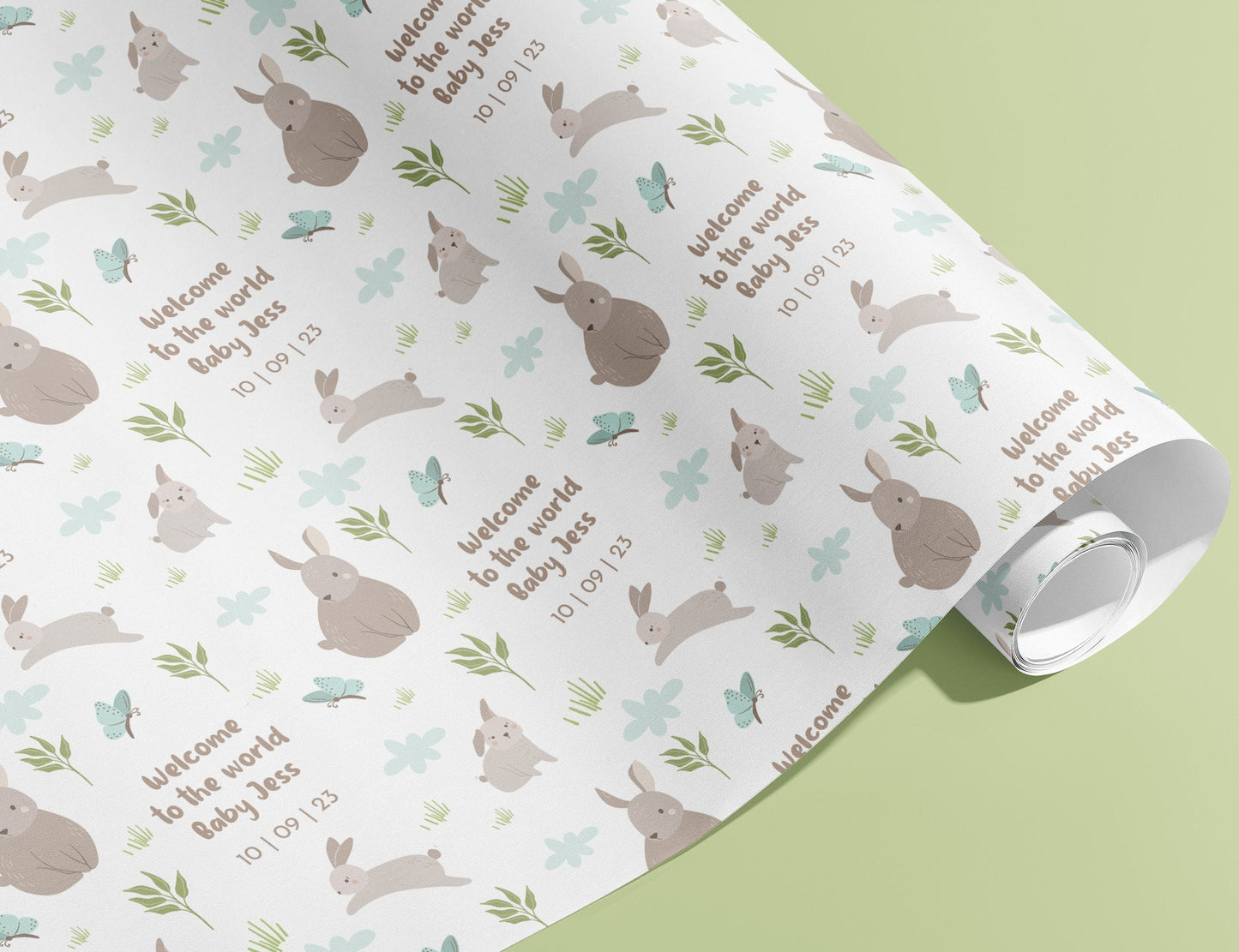 Personalised Wrapping Paper, Birthday, New Baby, Gift Wrap, Rabbit, Green, Customised, Bunny, Party, Baby, Children, Gifts, Presents, Ages