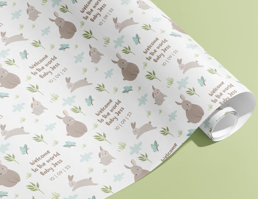 Personalised Wrapping Paper, Birthday, New Baby, Gift Wrap, Rabbit, Green, Customised, Bunny, Party, Baby, Children, Gifts, Presents, Ages