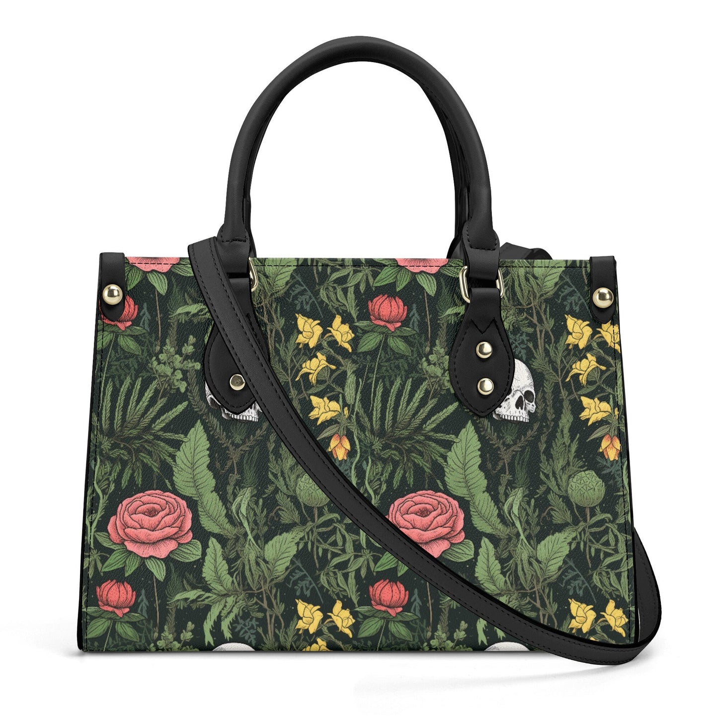 Dark Botanical Gothic PU Leather Tote Bag, Wild Roses Handbag, Trendy Fashion Handbag for Girls, Moms Gift, Vegan Leather Handbag For Women,