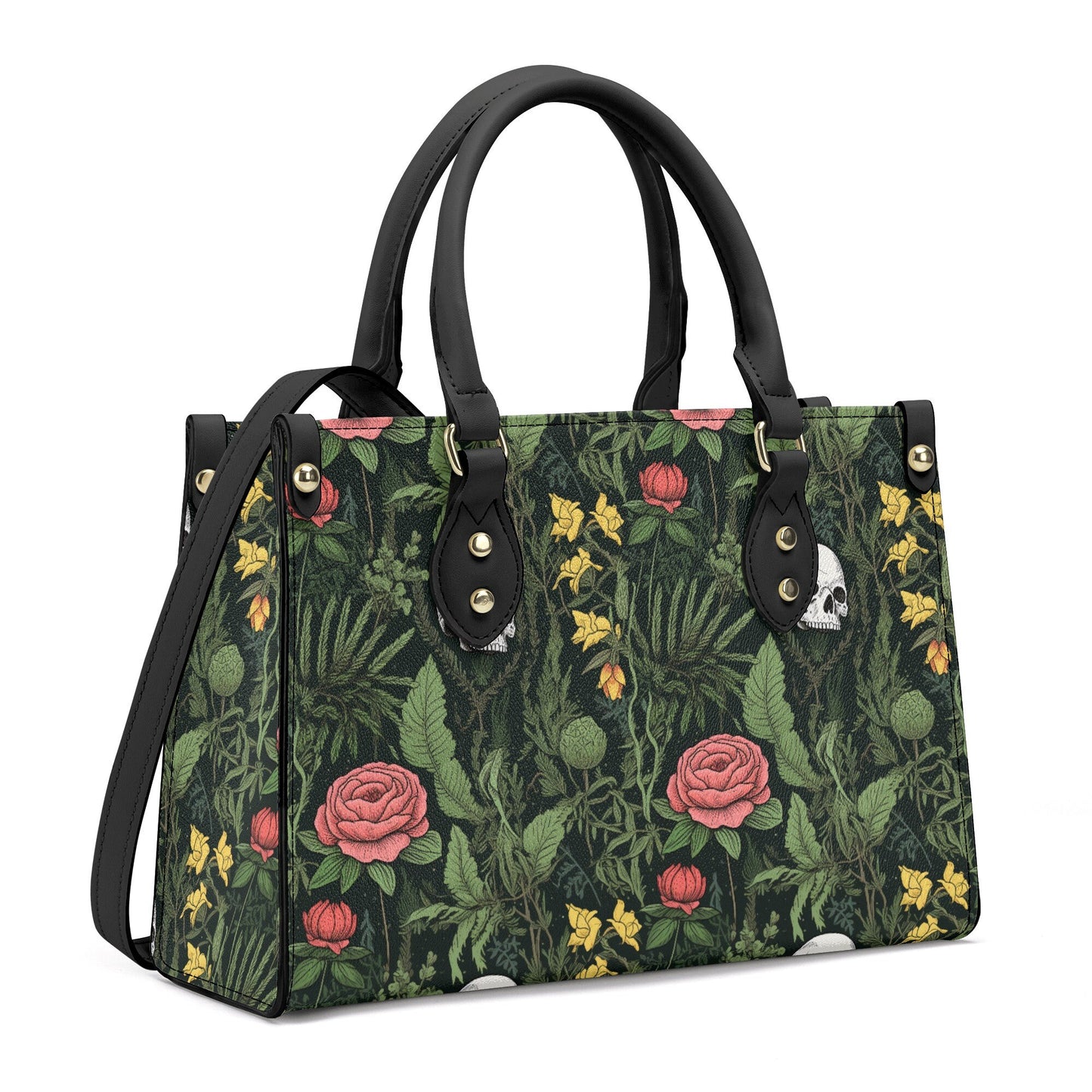 Dark Botanical Gothic PU Leather Tote Bag, Wild Roses Handbag, Trendy Fashion Handbag for Girls, Moms Gift, Vegan Leather Handbag For Women,