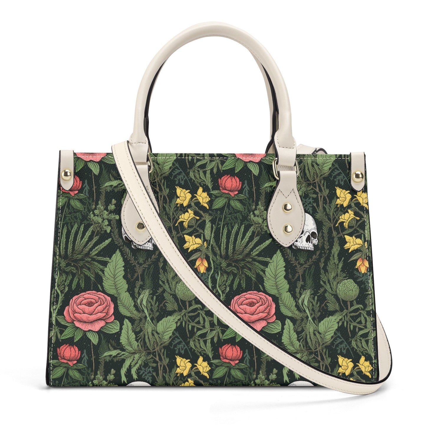 Dark Botanical Gothic PU Leather Tote Bag, Wild Roses Handbag, Trendy Fashion Handbag for Girls, Moms Gift, Vegan Leather Handbag For Women,