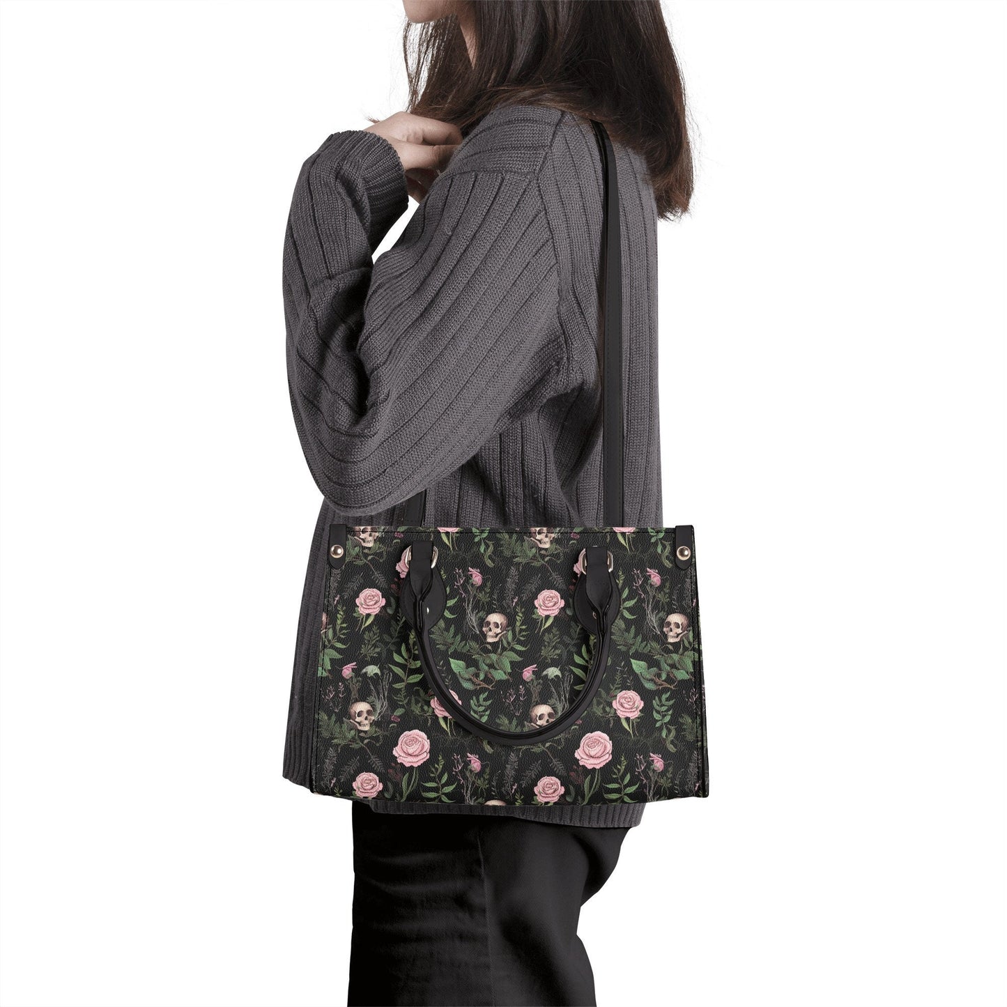 Dark Botanical Gothic PU Leather Tote Bag, Trendy Fashion Handbag for Girls & Moms, Cute Women Vegan Leather Handbag Purse, Gift For Her