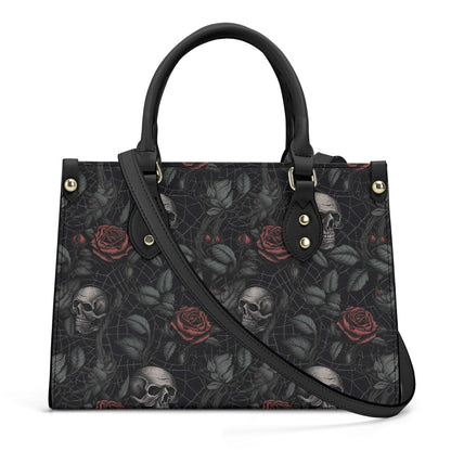 Gothic PU Leather Tote Bag, Dark Roses and skull Trendy Fashion Handbag, Dark academia Vegan Leather Handbag Gift, Black Rose Purse