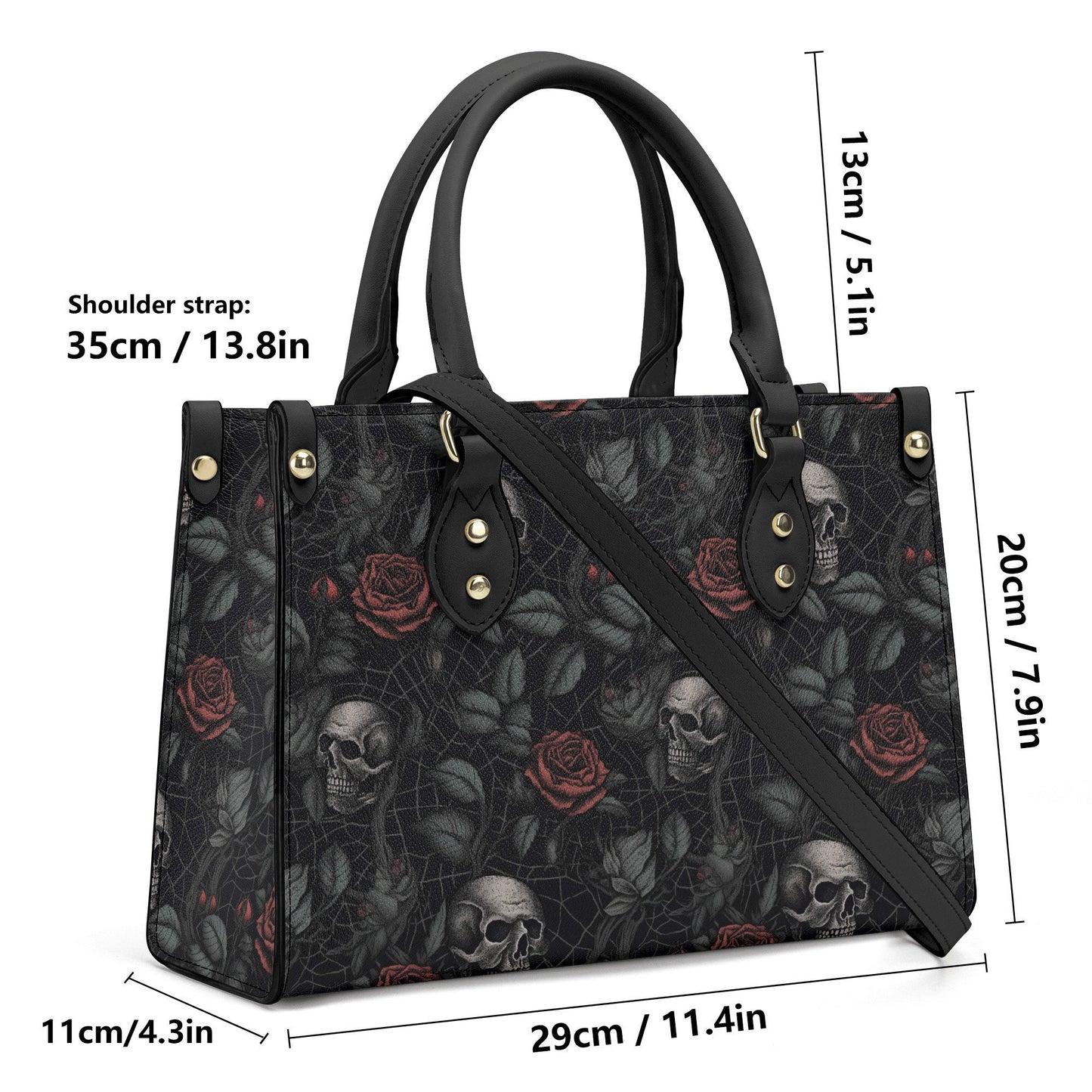 Gothic PU Leather Tote Bag, Dark Roses and skull Trendy Fashion Handbag, Dark academia Vegan Leather Handbag Gift, Black Rose Purse