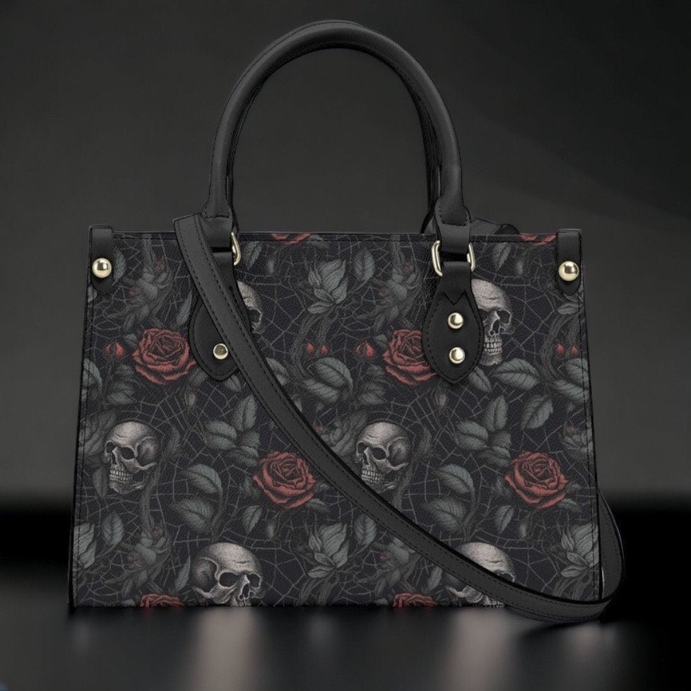 Gothic PU Leather Tote Bag, Dark Roses and skull Trendy Fashion Handbag, Dark academia Vegan Leather Handbag Gift, Black Rose Purse
