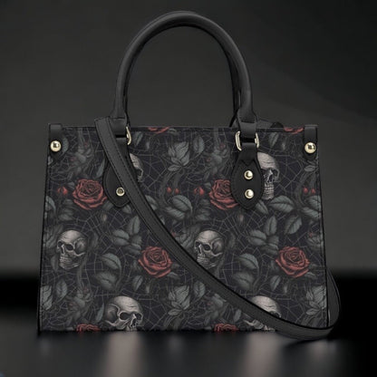 Gothic PU Leather Tote Bag, Dark Roses and skull Trendy Fashion Handbag, Dark academia Vegan Leather Handbag Gift, Black Rose Purse