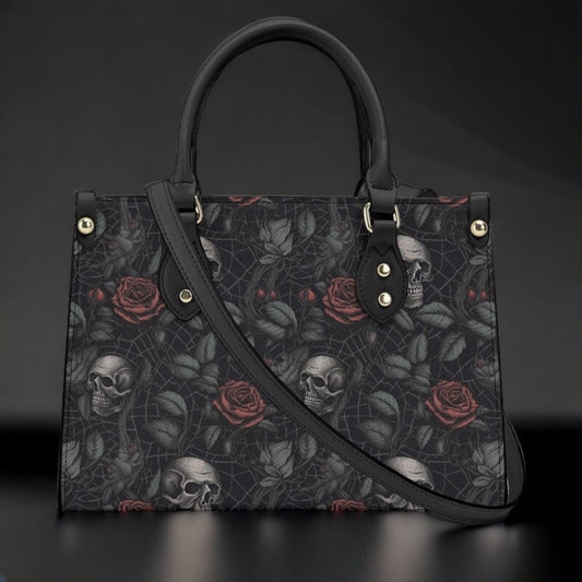Gothic PU Leather Tote Bag, Dark Roses and skull Trendy Fashion Handbag, Dark academia Vegan Leather Handbag Gift, Black Rose Purse
