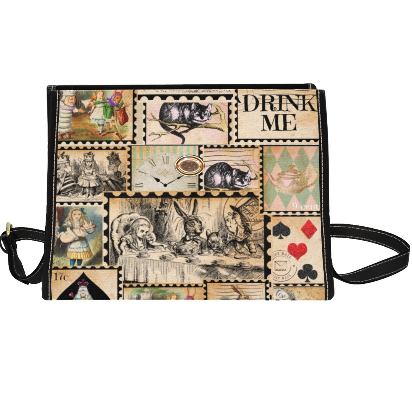 Vintage Stamp Alice in Wonderland Waterproof Canvas Purse. Womans Crossbody/Shoulder bag. Gift for Her