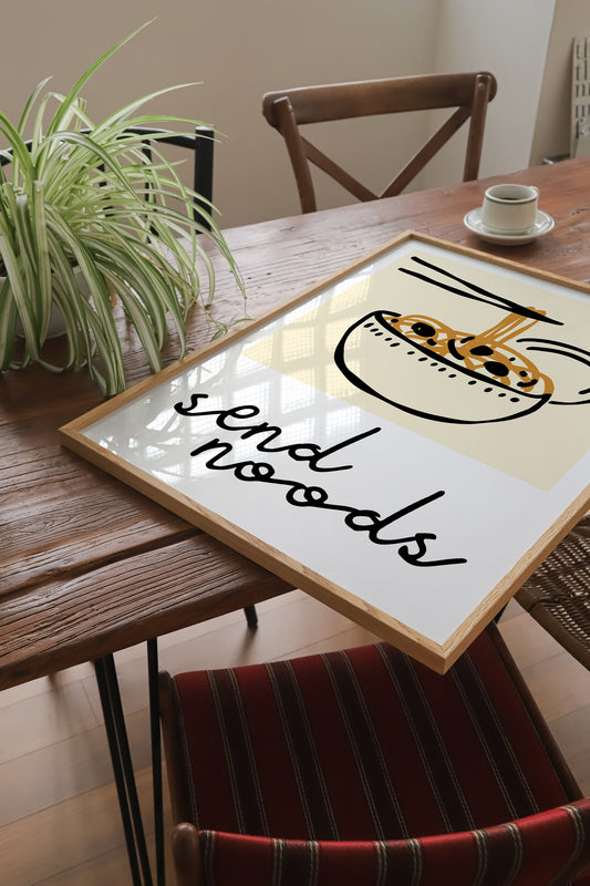 Send Noods Fun Kitchen Print - Food Pun Noodles, Minimalist Quirky Retro Home Wall Art, 70s 80s 90s Wall Art, Kitchen Dining Room Art Poster